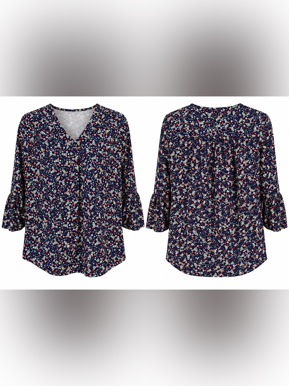 QUEZHU Floral Blouse Navy Multi Print 2XL Ruffle Sleeve